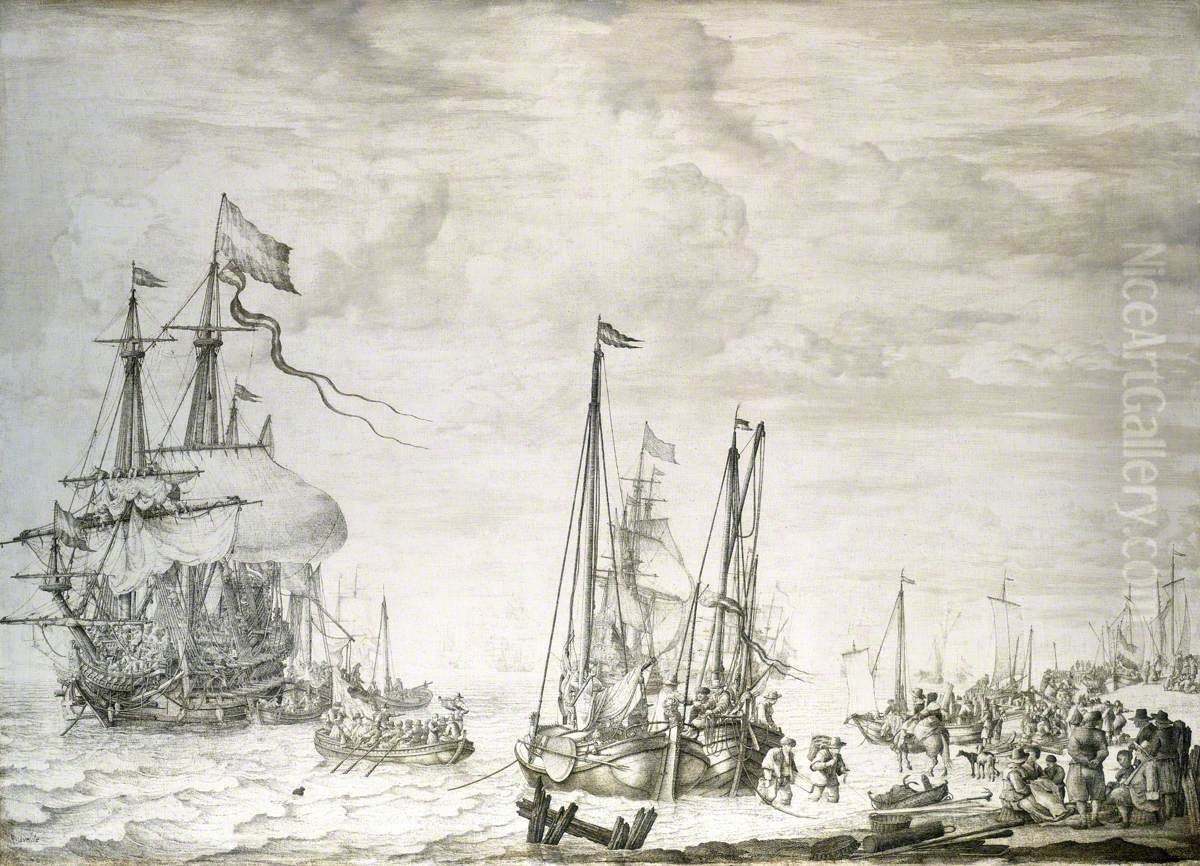 A Dutch flagship, thought to be the Eendracht at anchor close in Oil Painting by Willem van de, the Elder Velde