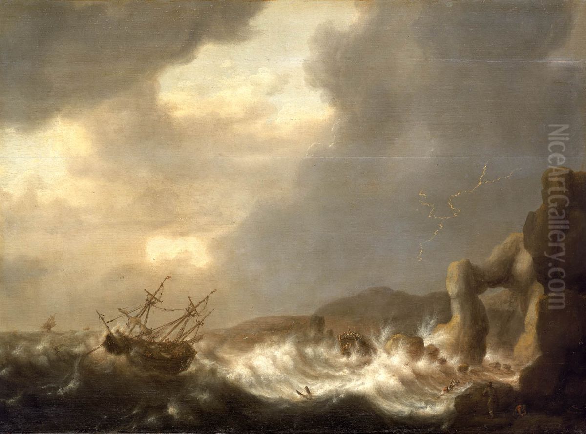Ships Wrecked on a Rocky Shore Oil Painting by Hendrick Staets