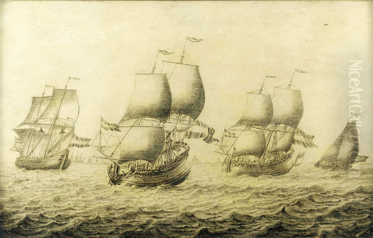 A Fleet of Whalers Oil Painting by Adriaen Van Salm