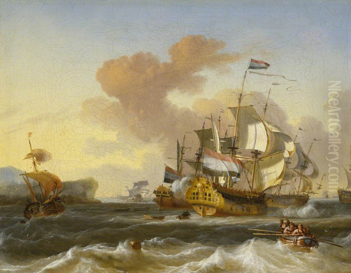 A Dutch Flagship and other Vessels off a Rocky Coast Oil Painting by Hendrik Rietschoof