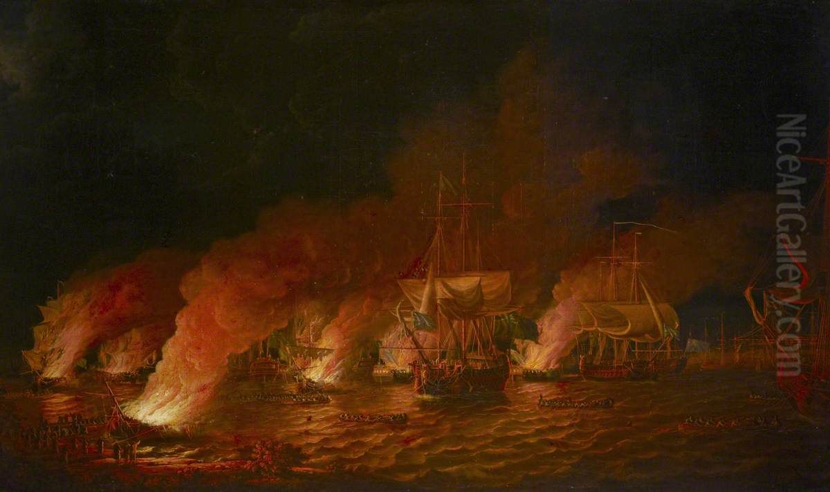 French Fireships Attacking the English Fleet off Quebec, 28 June 1759 Oil Painting by Dominic Serres