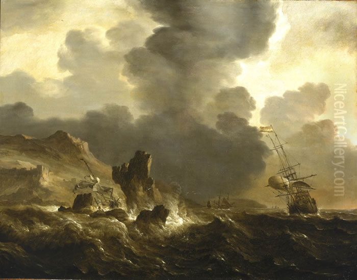 A Dutch Ship Wrecked on a Rocky Coast Oil Painting by Ludolf Bakhuizen