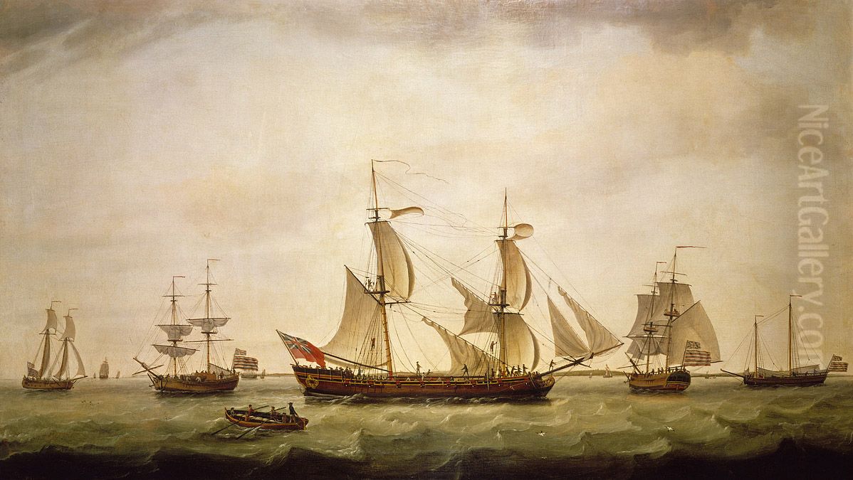 An English brig with captured American vessels Oil Painting by Francis Holman
