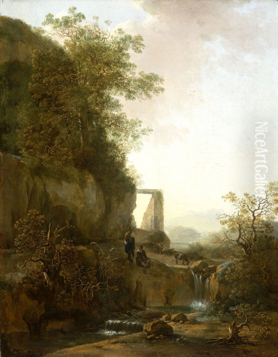 A Small Waterfall Oil Painting by Adam Pynacker