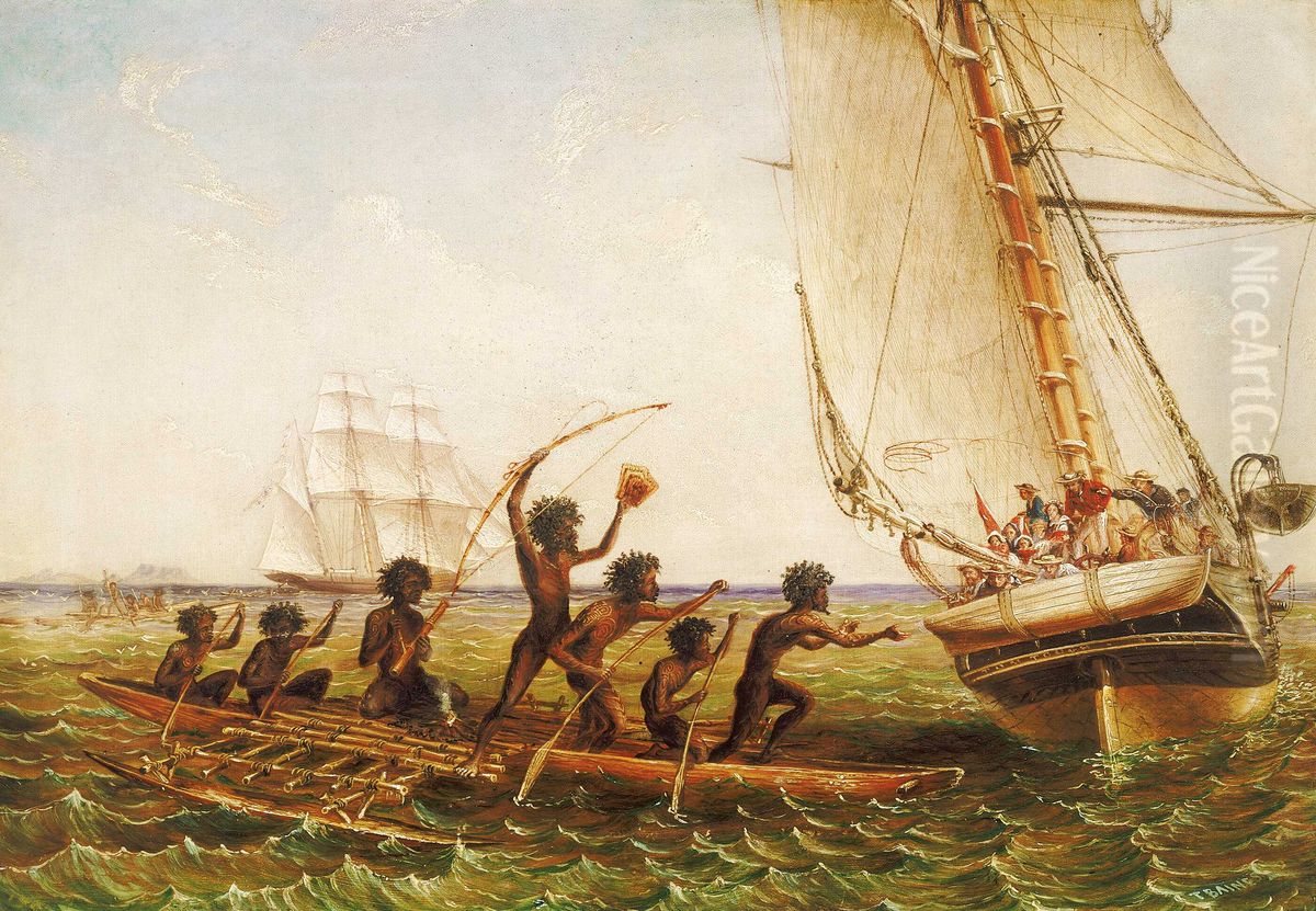 Aboriginal Canoes Communicating with the 'Monarch' and the 'Tom Tough', 28 August 1855 Oil Painting by Thomas Baines