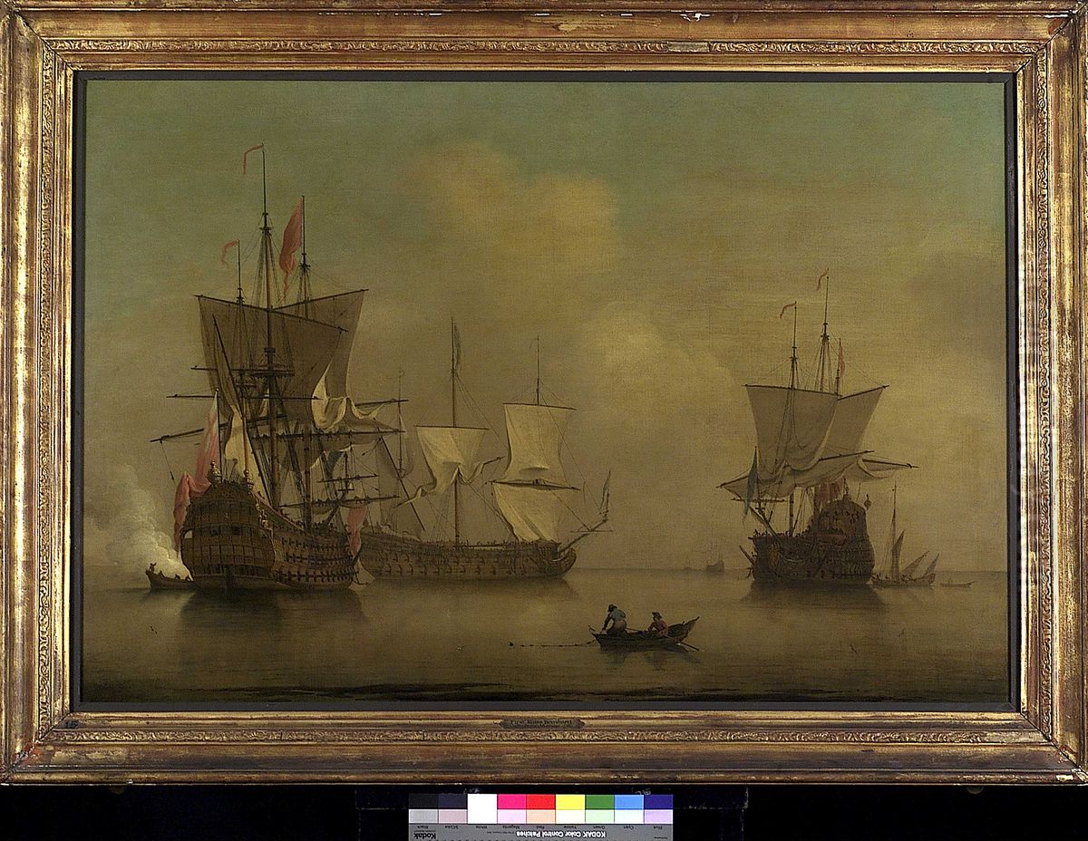 Three English Flagships Becalmed Oil Painting by Peter Monamy