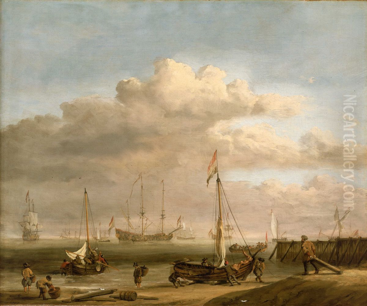 The Dutch coast with a weyschuit being launched and another vessel pushing offfrom the shore Oil Painting by Willem van de Velde the Younger