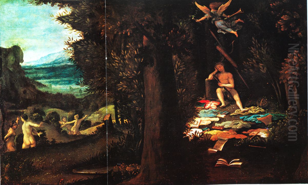 Sleeping Apollo with the Muses Dispersing and Fame Fleeing Oil Painting by Lorenzo Lotto
