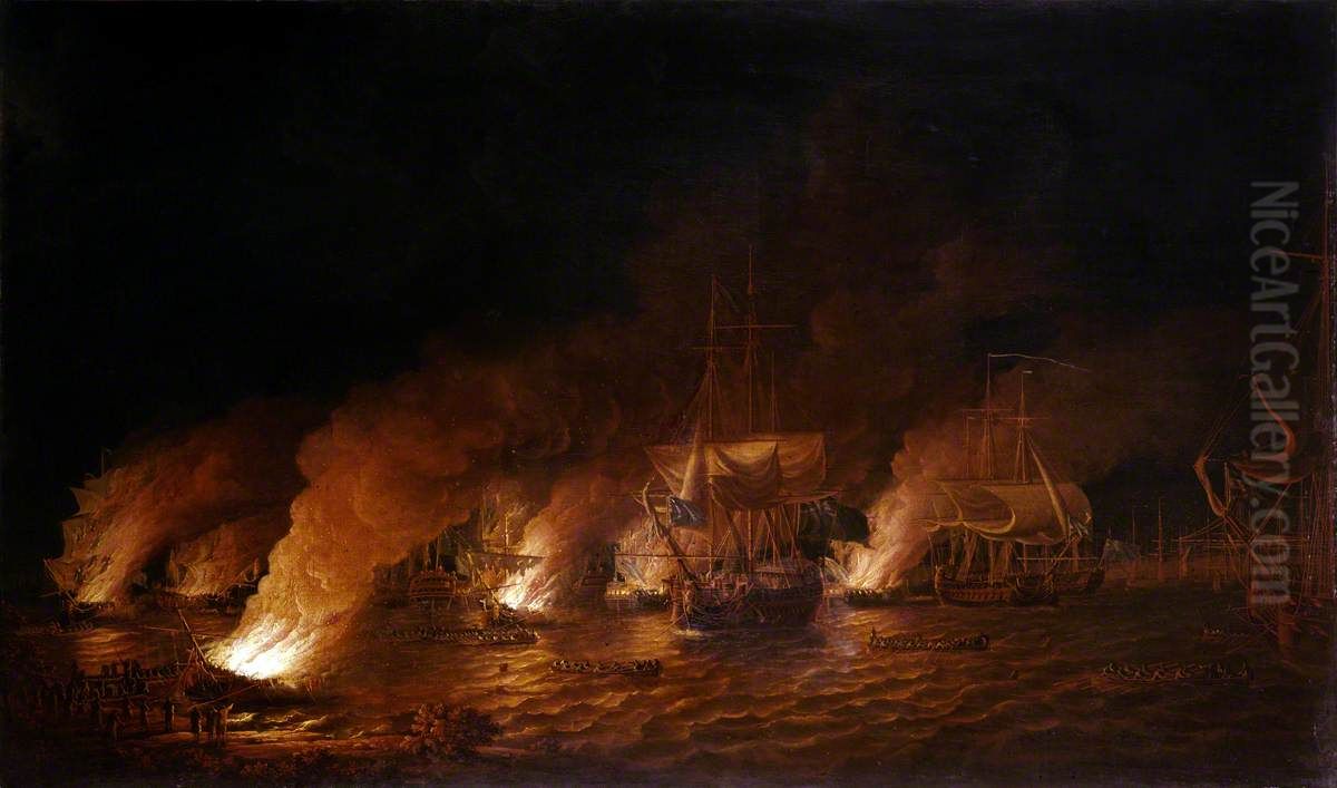 French Fireships Attacking the English Fleet off Quebec, 28 June 1759 Oil Painting by Dominic Serres