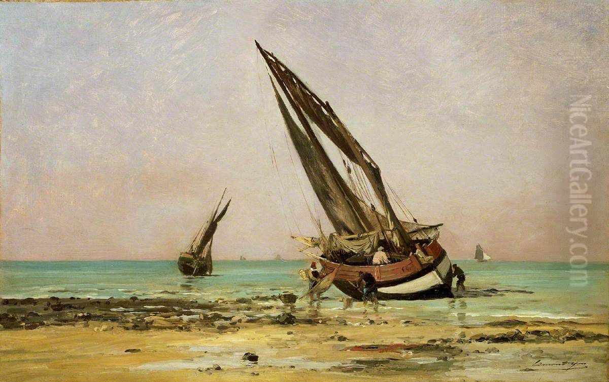 Beached fishing boats at low tide, Villerville Oil Painting by Edmond Yon