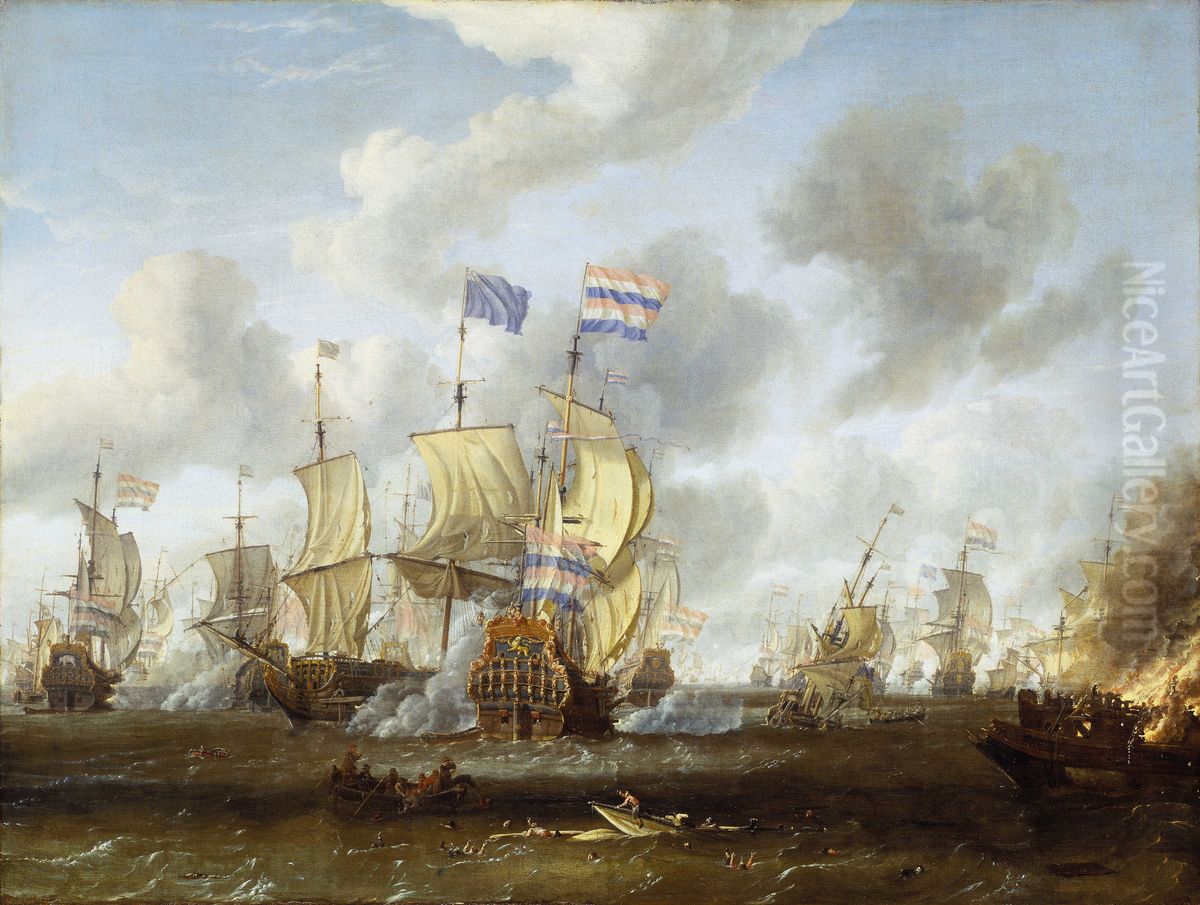 The Goulden Leeuw Engaging Royal Prince at the Battle of the Texel, 11 August 1673 Oil Painting by Abraham Storck