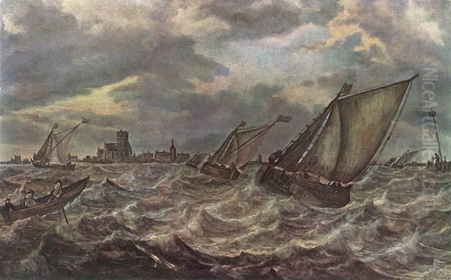 Stormy Sea with a Town in the Background Oil Painting by Abraham Van Beijeren