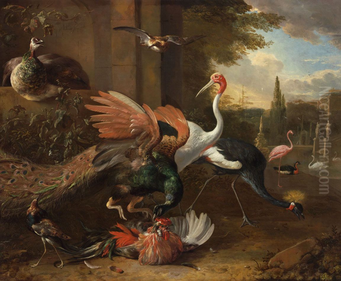 A Peacock Attacking a Rooster Oil Painting by Melchior D'Hondecoeter