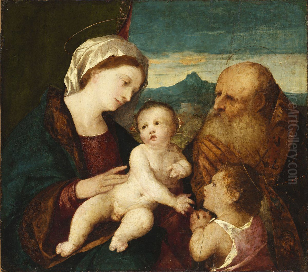 Madonna and Child with the Infant Saint John and a Bishop Saint Oil Painting by Palma Vecchio