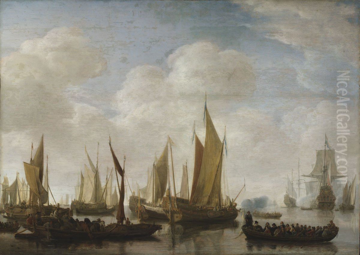 A Prince's Yacht (Statenjacht) and other Vessels Oil Painting by Simon De Vlieger