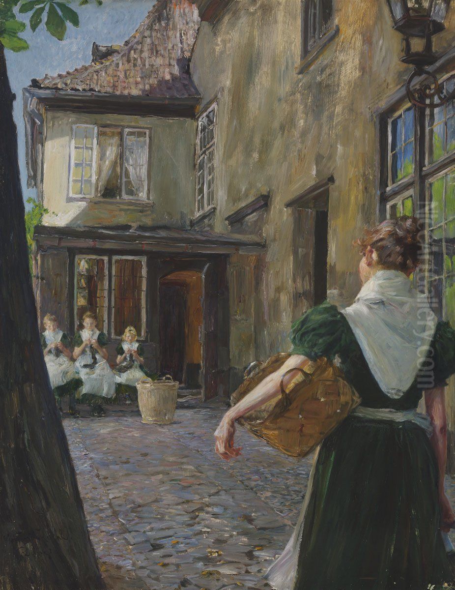 Knitting Orphans Oil Painting by Gotthardt Kuehl