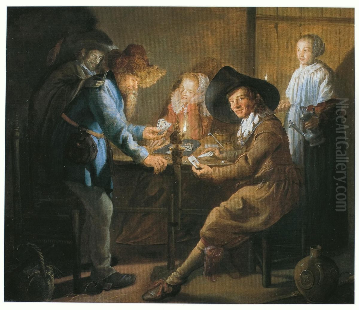 Card Players by Lamplight Oil Painting by Jan Miense Molenaer