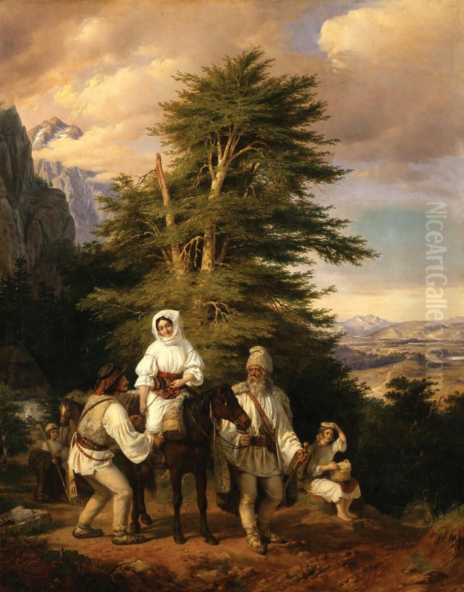 Romanian Family Heading for the Fair Oil Painting by Miklos Barabas