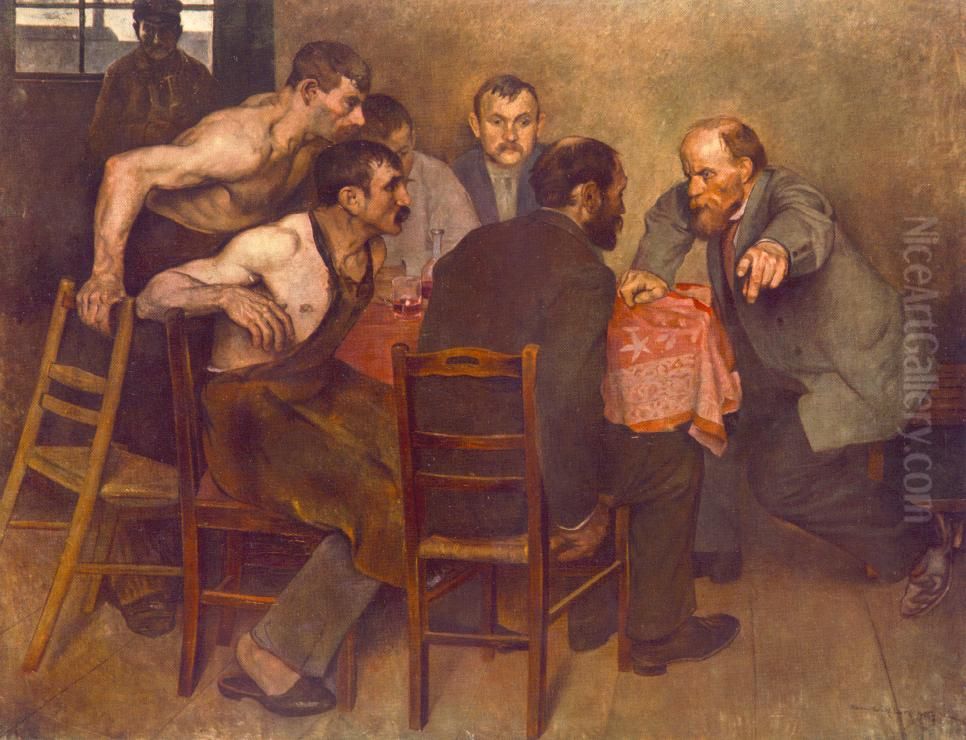 Agitating in the Factory Cantine Oil Painting by Karoly Kernstok