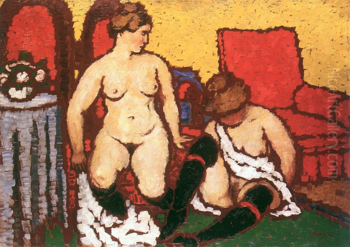 Girls Getting Dressed (red furniture and yellow wall) Oil Painting by Jozsef Rippl-Ronai