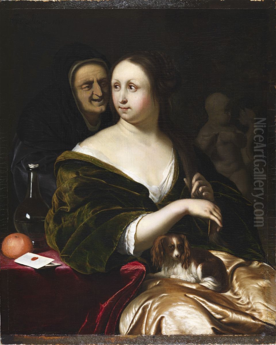 Woman with a Lapdog, Accompanied by a Maidservant Oil Painting by Frans van Mieris