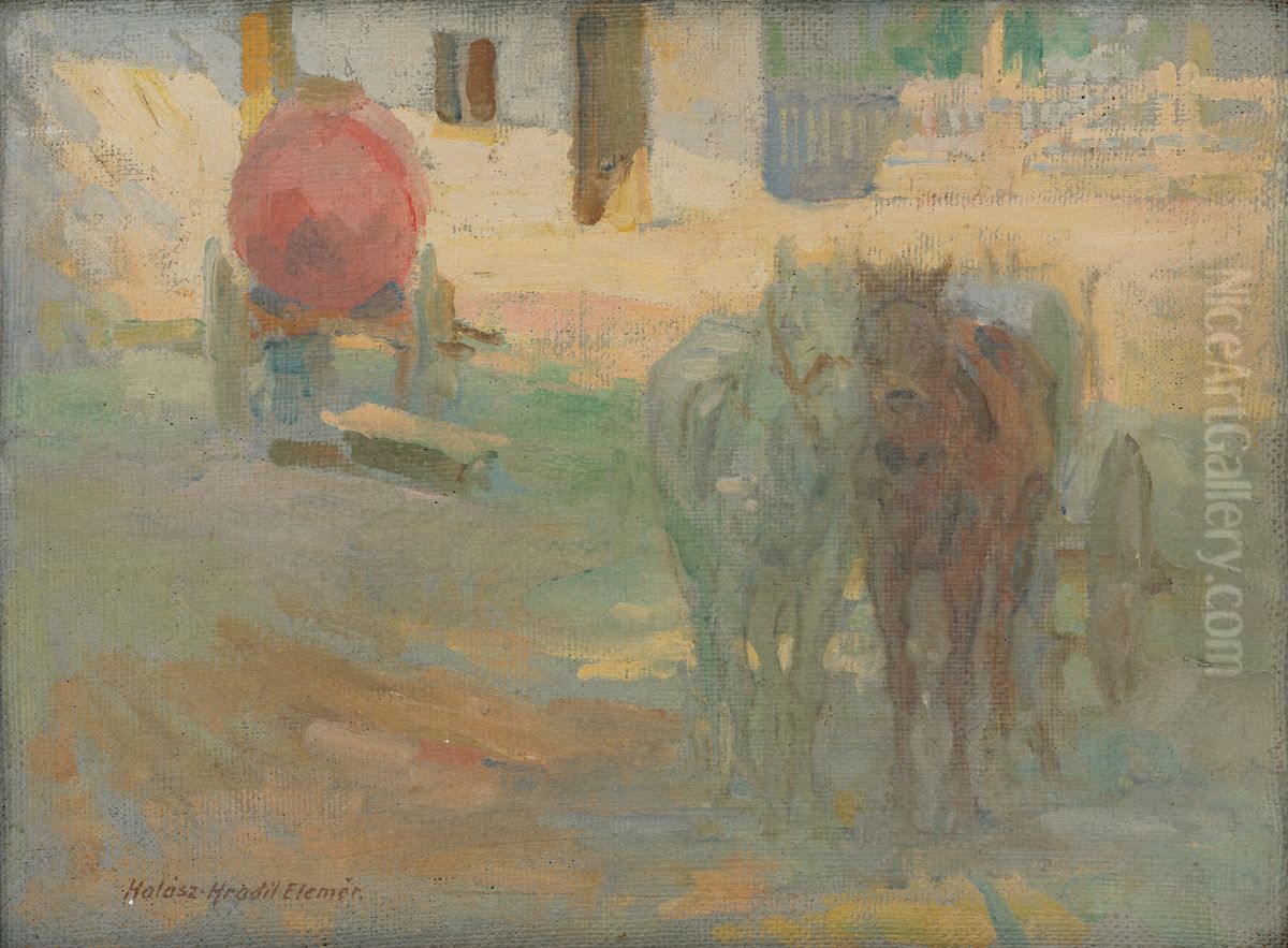 Hospodarsky dvor so zaprahom Oil Painting by Elemir Halasz-Hradil