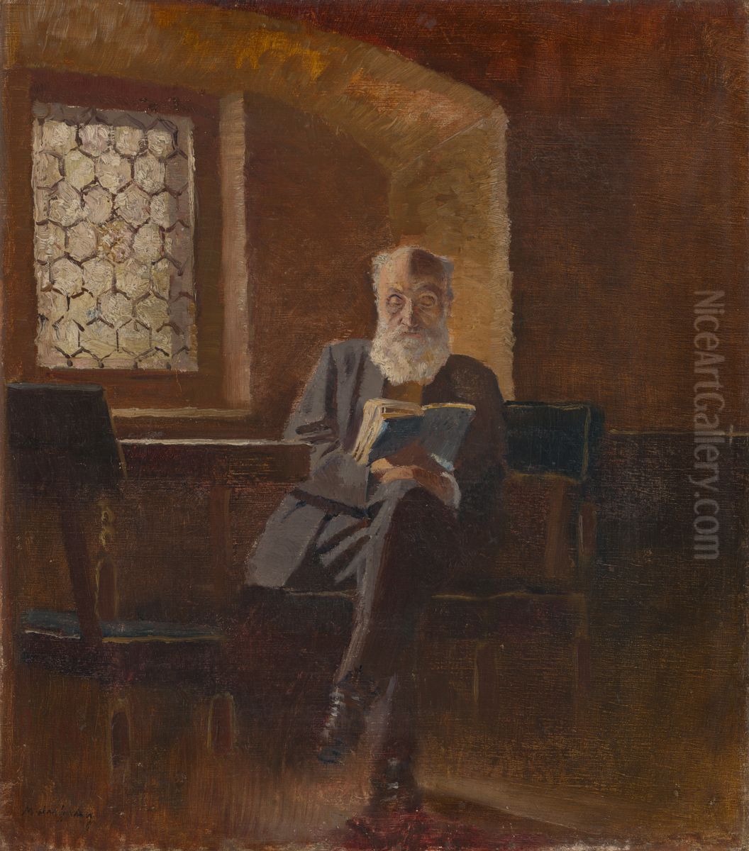 Citajuci. Umelcov otec, baron Eduard Mednyanszky. Oil Painting by Laszlo Mednyanszky