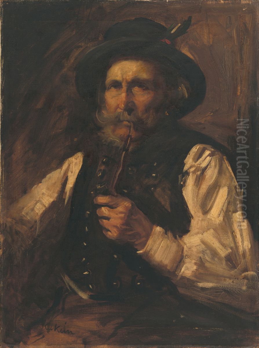 Portret muza s fajkou Oil Painting by Geza Kukan