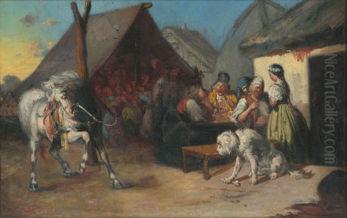 Pred krcmou Oil Painting by Mihaly Munkacsy