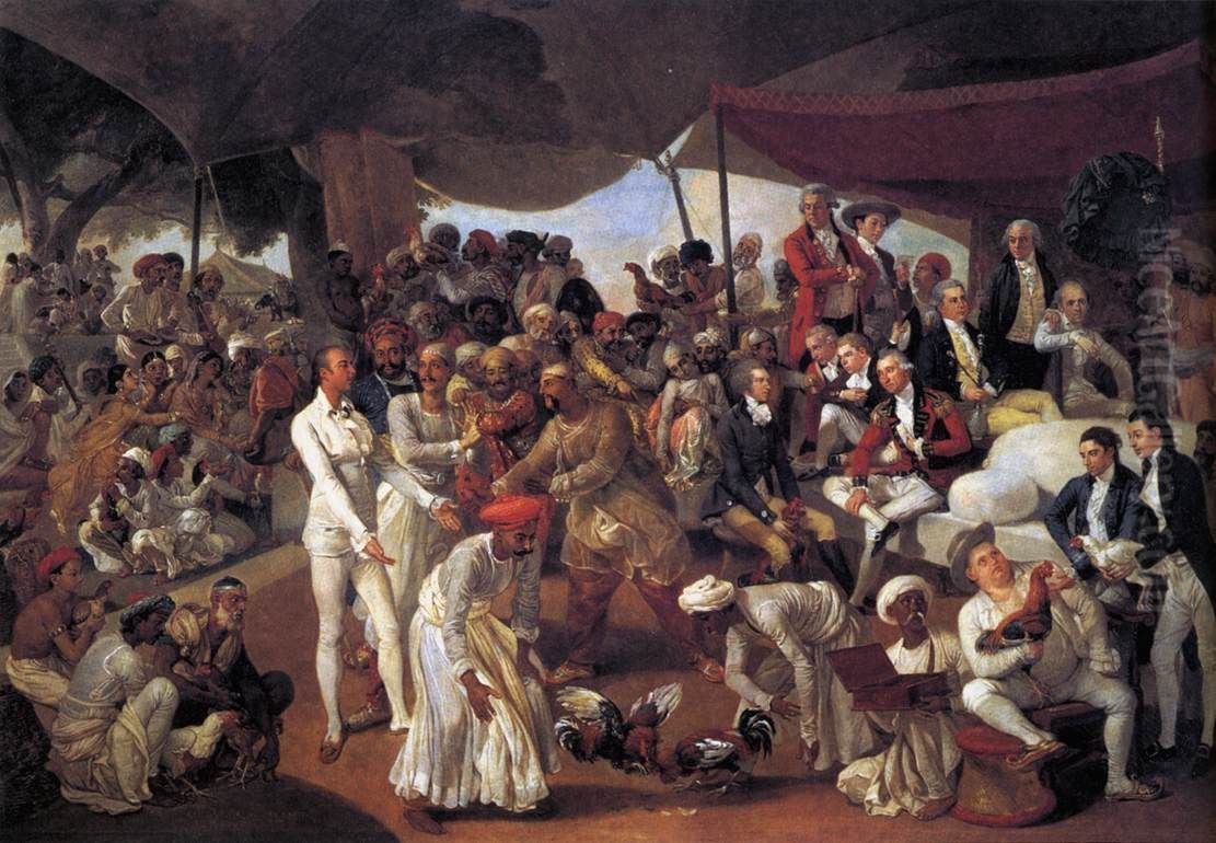 Colonel Mordaunt's Cock Match Oil Painting by Johann Zoffany