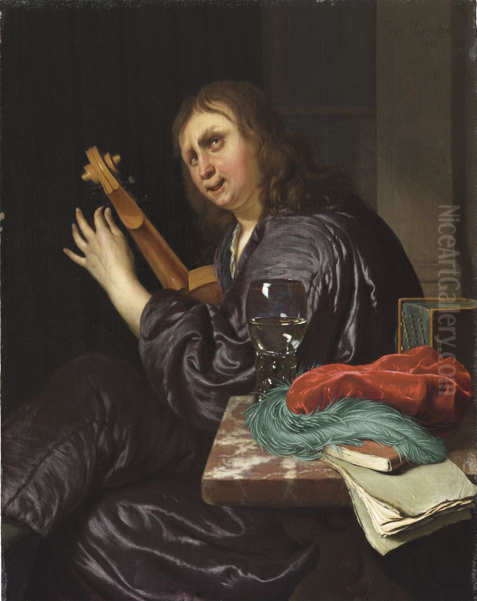 A Man Tuning a Violin Oil Painting by Frans van Mieris