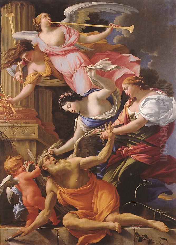 Saturn, Conquered by Amor, Venus and Hope Oil Painting by Simon Vouet