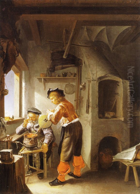 An alchemist and his assistant in a workshop Oil Painting by Frans van Mieris