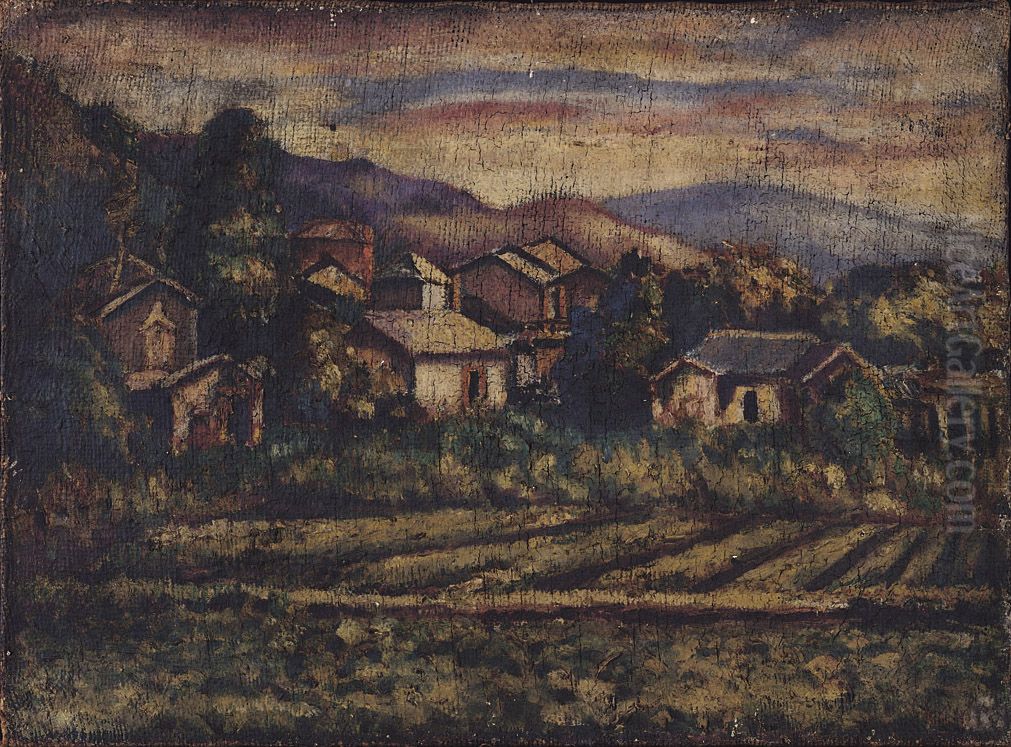 Village on Burlap Oil Painting by Li Mei-shu