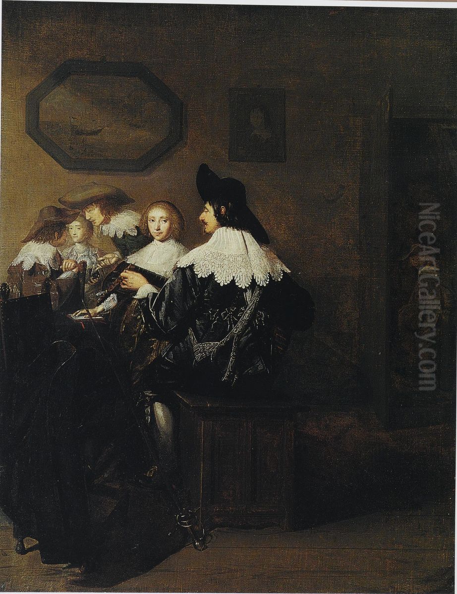 Company with a man playing the lute, seated at a table Oil Painting by Johannes Cornelisz Verspronck