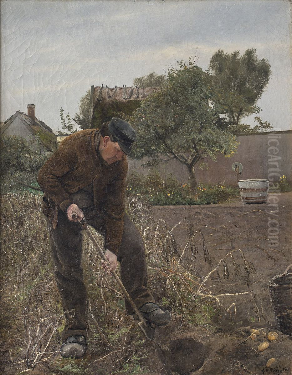 En mand som graver kartofler Oil Painting by Laurits Andersen Ring