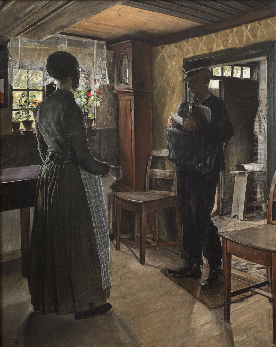 Landposten kommer med brev Oil Painting by Laurits Andersen Ring