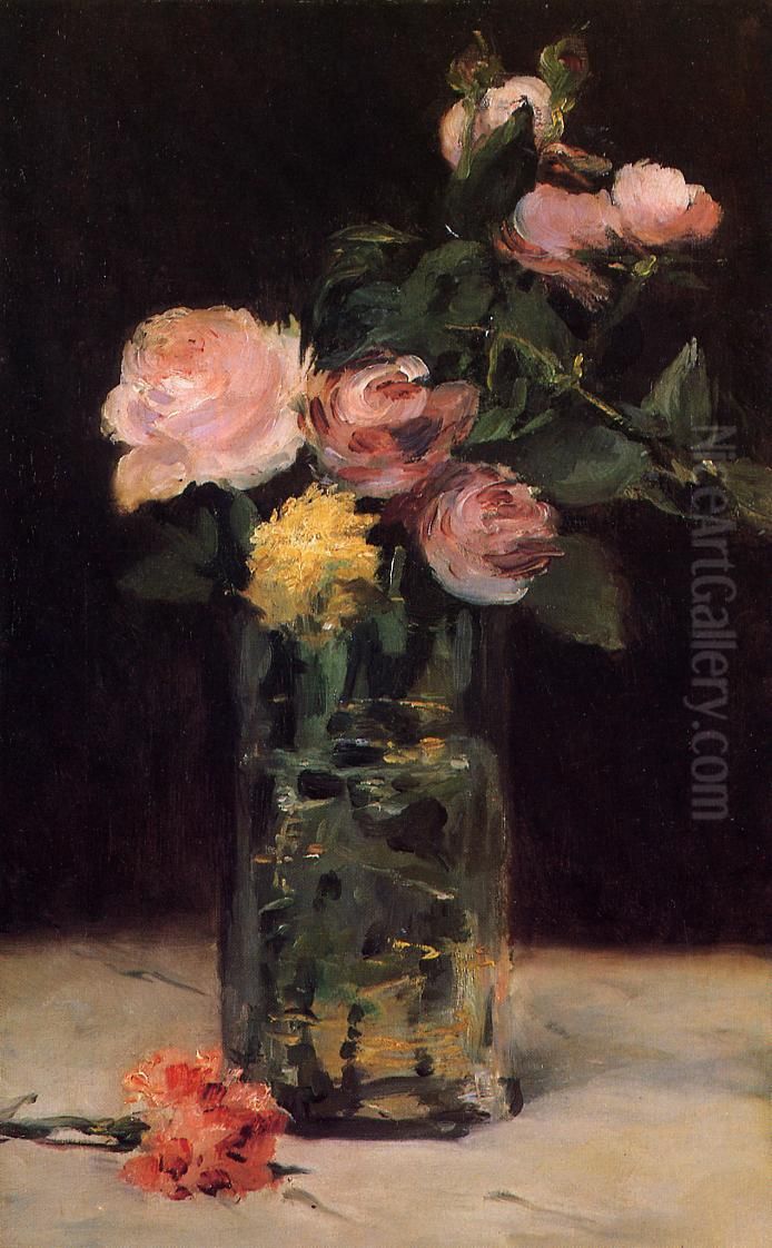Roses in a Glas Vase Oil Painting by Edouard Manet