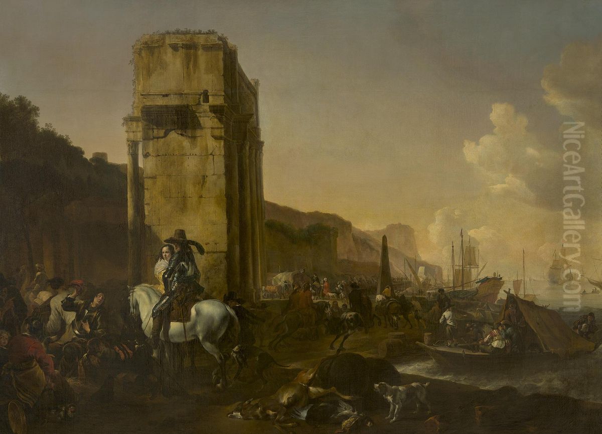 Italian Harbour Oil Painting by Jan Baptist Weenix