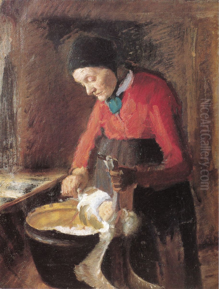 Old Lene Plucking a Goose Oil Painting by Anna Ancher