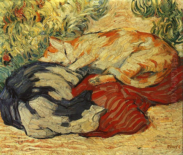 Cats on a Red Cloth (Katzen auf rotem Tuch) Oil Painting by Franz Marc