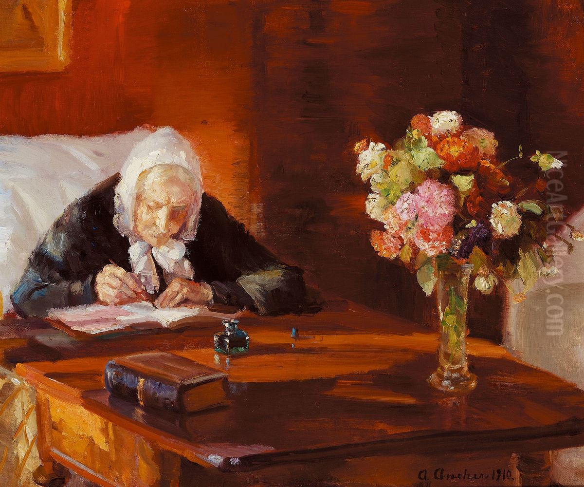 Kunstnerindens mor Ane Hedvig Brondum siddende ved sit skrivebord i den rode stue. Oil Painting by Anna Ancher