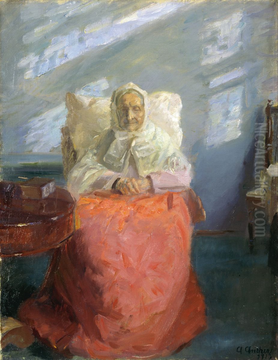 Mrs Ane Brondum in the blue room Oil Painting by Anna Ancher