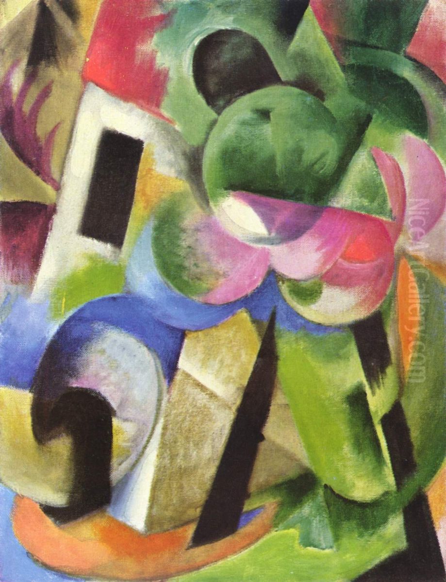 Kleine Komposition (II) (Haus mit Baumen) Oil Painting by Franz Marc