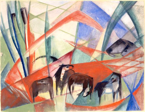 Landscape with black horses Oil Painting by Franz Marc