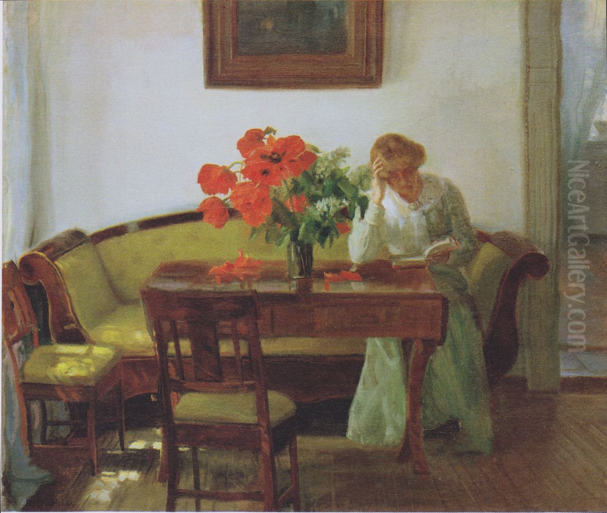 Interior with poppies and reading woman (Lizzy Hohlenberg) Oil Painting by Anna Ancher