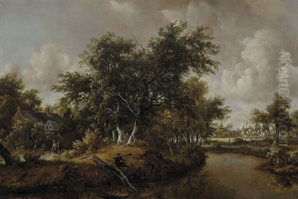 Wooded landscape with fisherman by a stream and travelers Oil Painting by Meindert Hobbema