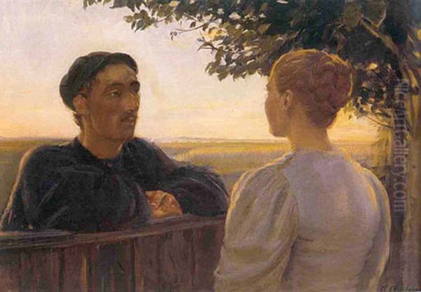 Evening encounter at the garden fence Oil Painting by Anna Ancher