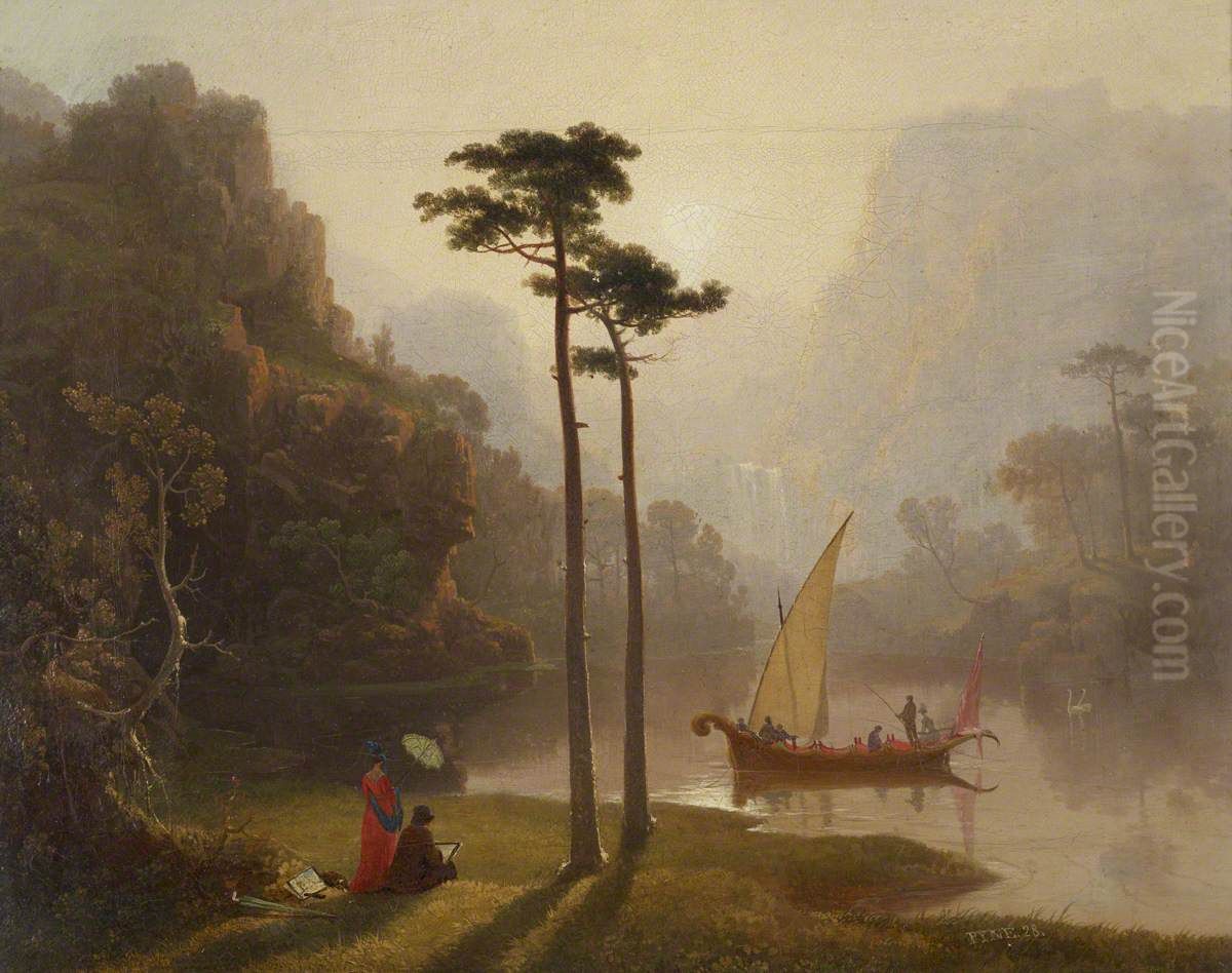 Lake Scene with Boat and Figures Oil Painting by James Baker Pyne
