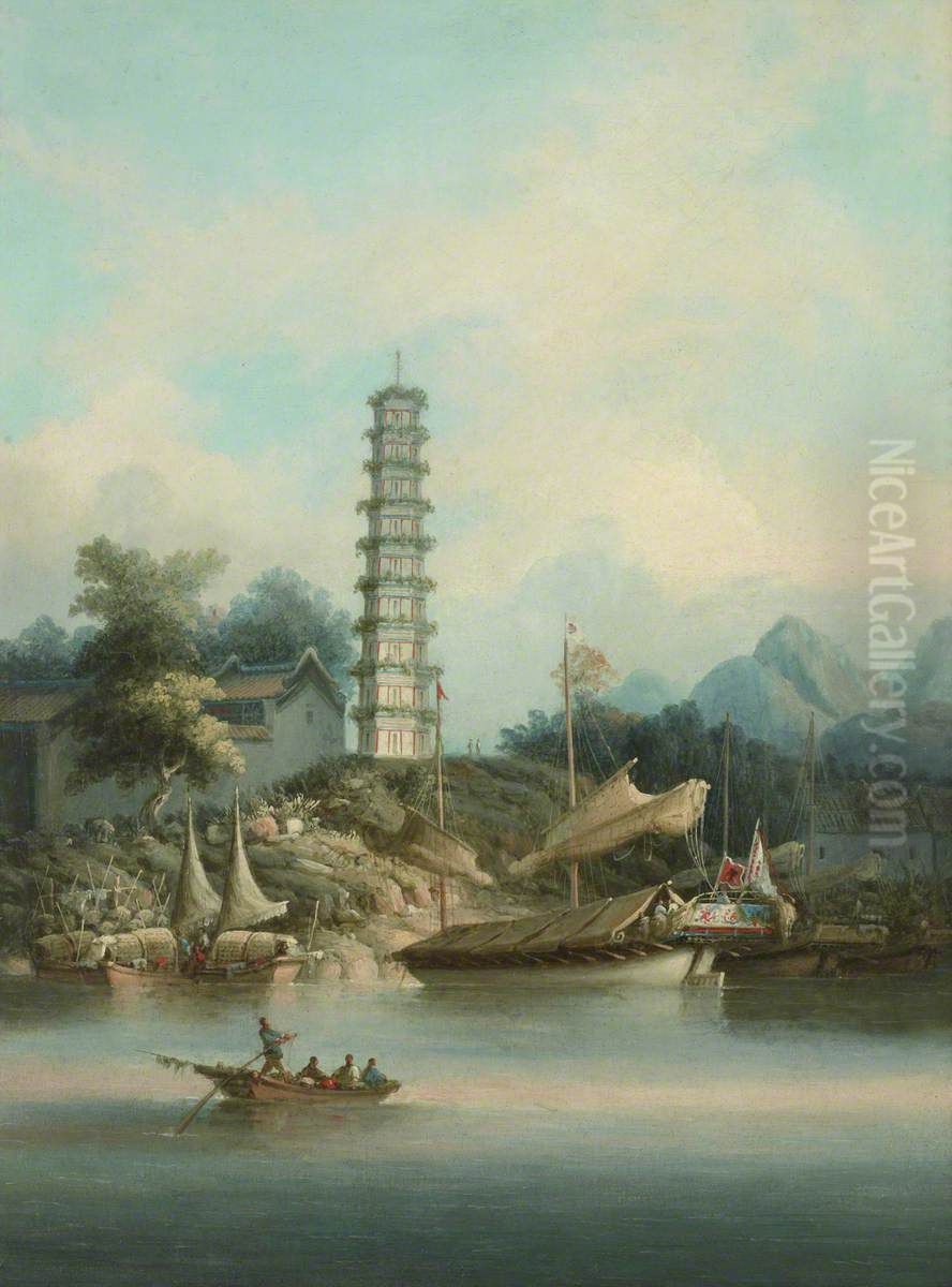 Chinese Scene with Pagoda and Boats Oil Painting by William Alexander